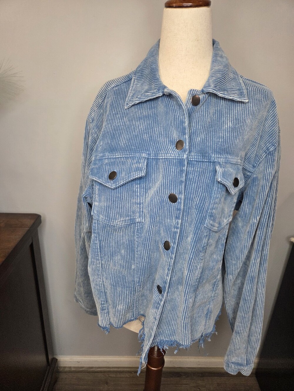 POL Clothing Women's Blue Vintage Distressed Corduroy Jacket, Size M